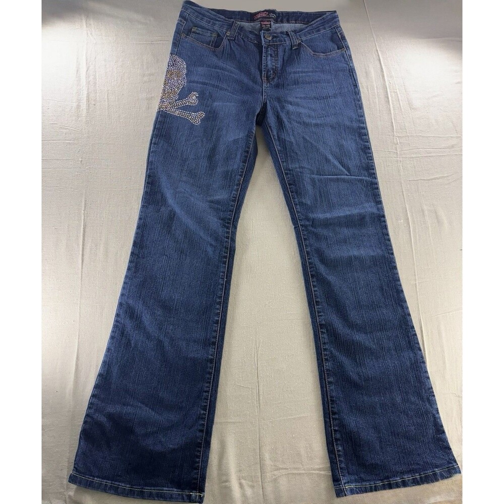 Vintage Y2K Wave Jeans Rhinestone Skull Flare Denim Blue Contrast Stitch Size 11